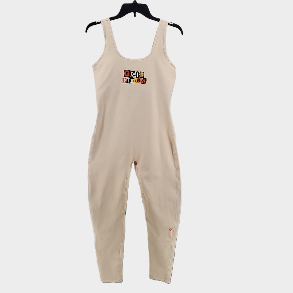 Ethika Womens XL Full Romper Bodysuit Cream Graphic Logo Stretch Lightweight New